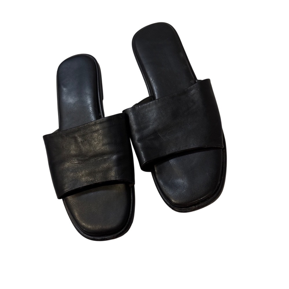 Womens Black Faux Leather Square Toe Slide Sandals Flat Slip On Shoes Size 8